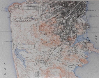 1908 Antique San Francisco Bay Map Golden Gate Park, San Bruno California, CA. Original Vintage Lithograph Over 100 years Old. Topographical