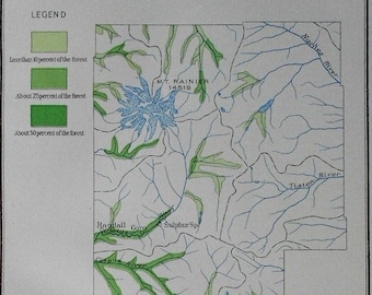 1901 Timber Map Mt Rainier Forest Reserve, Washington (WA). Distribution of Red Cedar, Thuja Plicata. Julius Bien Antique Lithograph