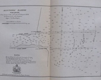 1866 Antique Map: Manitowoc Harbor, Wisconsin WI Lake Michigan.  By Brevet Lt. Colonel J.D. Graham. Showing Depth Soundings, Works. Original