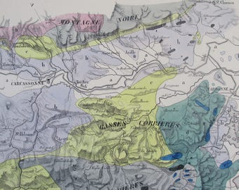 1835 Corbieres and South Slopes Of Black Mountain France Geological map Antique Original. Carte Geologique des Corbieres, Montagne Noire