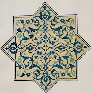 May include: An eight-pointed star design with a cream-colored background and a dark blue and green floral pattern. The design features intricate, swirling lines and stylized flowers, enclosed within a dark blue border.