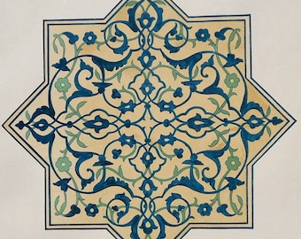 1892 Waziristan Pottery Tile, Pakistan, shown in Antique Lithograph. Original Folio print by William Griggs & Afghan Boundary Commission
