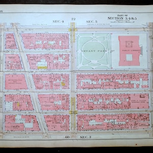1916 Bryant Park Area Midtown Manhattan NYC Street Map. New York City ...