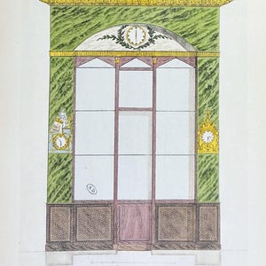 May include: An architectural illustration of a clock shop facade. The design features a green marble-like wall, a gold-trimmed top, and a large window. Decorative clocks are on the sides, and the text "Boutique de M. Metral Horloger, rue S'Avoye, N.51" is at the bottom.