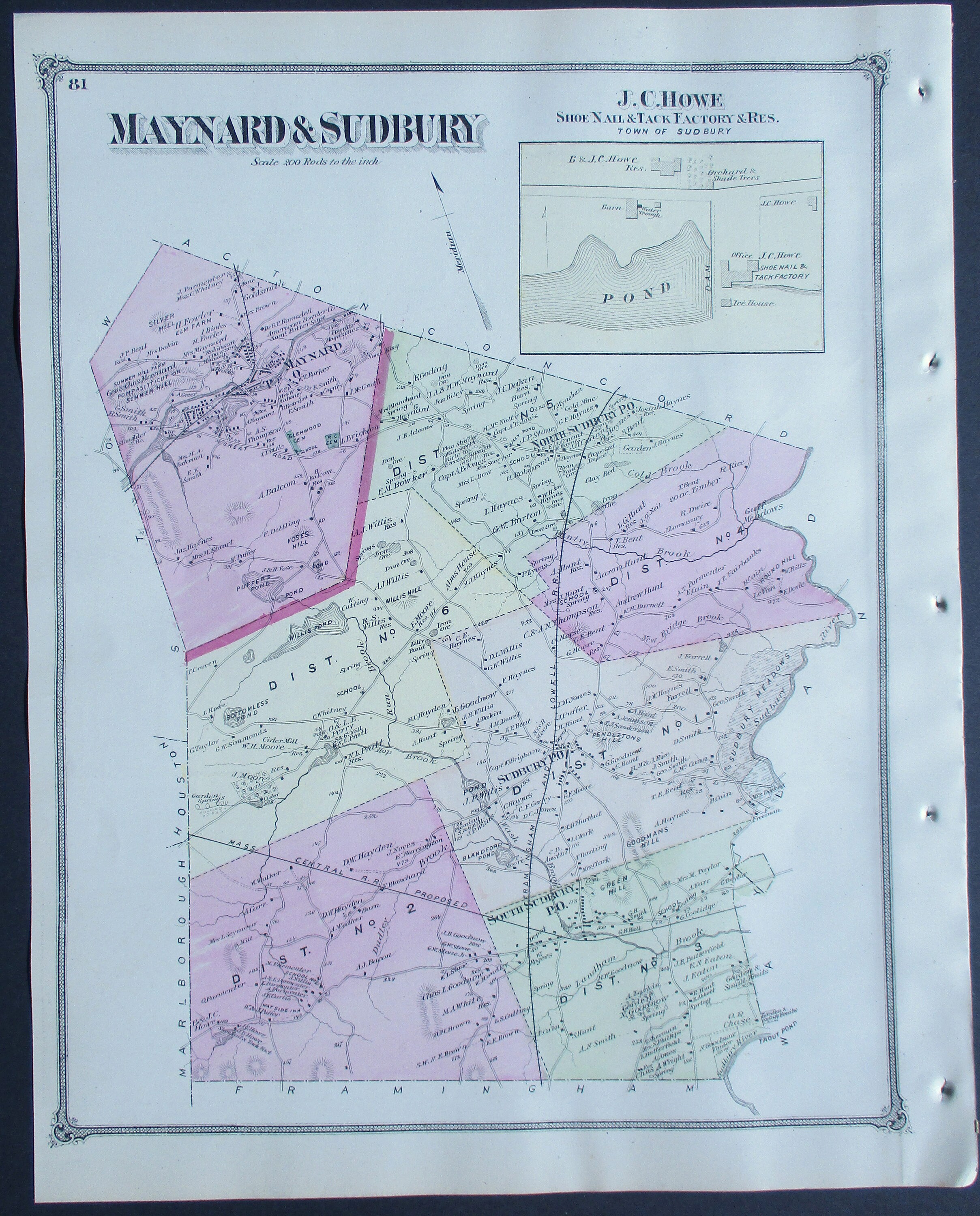 1875 Maynard & Sudbury Massachusetts Town Map. Rivers Ponds Etsy