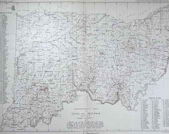 1898 Map: Ohio and Indiana Counties, Topographical Map of Counties. Antique Lithograph, Over 100 years Old Vintage OH IN