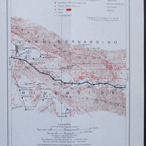 May include: A vintage U.S. Geological Survey map, Bulletin 845 Sheet 28, featuring a detailed topographic view of San Bernardino and Riverside counties in California. The map includes geological features, faults, and a scale of 1 inch to 8 miles.