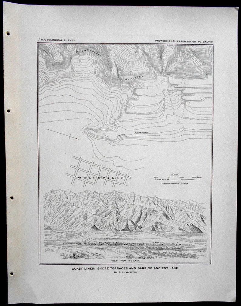 1908 Map Wellsville, Utah. Shore Terraces and Bars of Ancient Lake