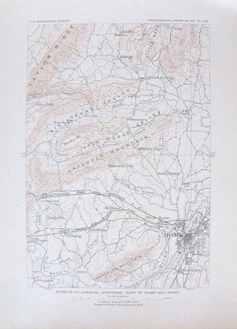 1908 Map Rome, Area. Taylor Ridge, Lavender Mountains, Coosa River, Chatanooga Railroad