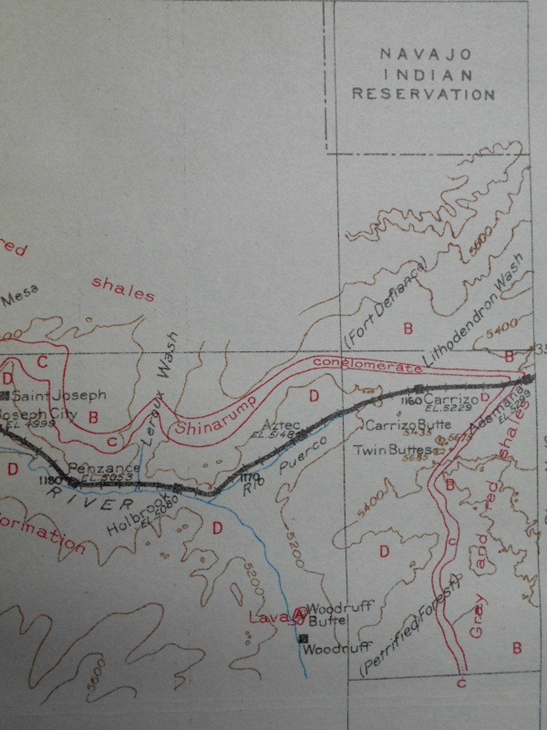 1915 Arizona Railroad Map Santa Fe Railway Carrito, Aztec, Hobrook