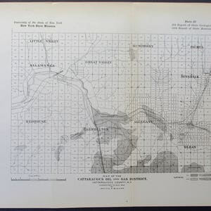 May include: A detailed black and white map of the Cattaraugus Oil and Gas District in Cattaraugus County, NY. The map includes place names like Salamanca, Allegany, and Olean, with a grid overlay and a legend. The text "University of the State of New York" is visible.