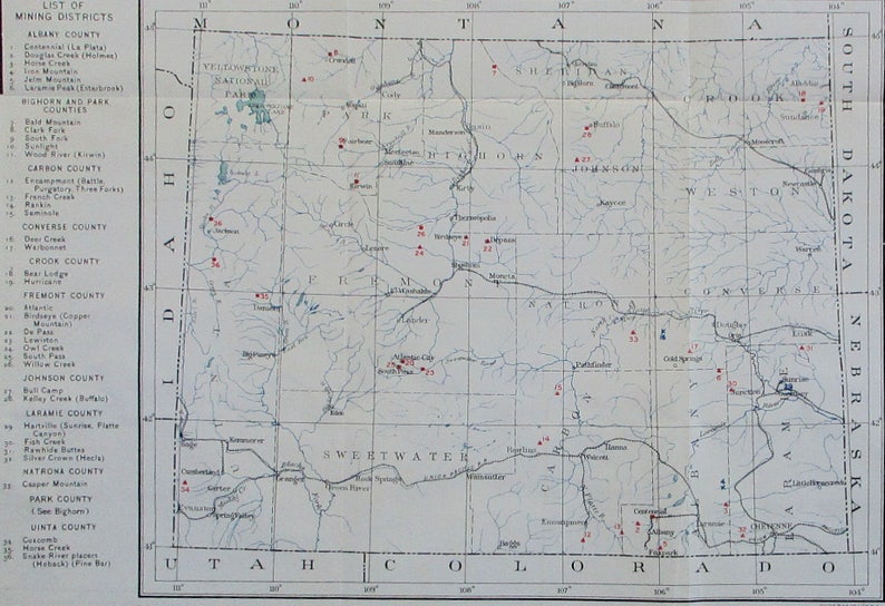 1912 Wyoming Gold Silver Mines Mining Districts Map Albany Converse