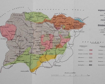1879 NW part of Province of Guadalajara Spain. Atienza, Tamajon, Jadraque Cogolludo. Rare Geologic Map by D Pedro Palacios. Original Antique