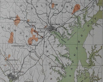 1894 Central Maryland (MD) Map showing Distribution of Granites. By G.H. Williams. Original, Antique Lithograph by Julius Bien and Co.