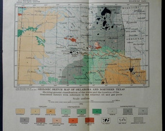 Oklahoma and Northern Texas, Antique Map. Oil & Gas Pools, Sketch Map. 1914 Antique Original USGS, United States Geological Survey Map