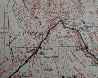 1915 Railroad Map New Mexico Santa Fe to Albuquerque. Santa Fe Railway: Lamy, Ortiz, Alameda, Domingo NM. Antique Geologic Topographic