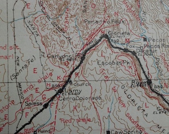 1915 Railroad Map New Mexico Santa Fe to Albuquerque. Santa Fe Railway: Lamy, Ortiz, Alameda, Domingo NM. Antique Geologic Topographic