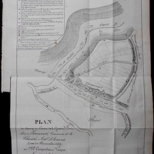 May include: Antique map of a region, featuring detailed illustrations of terrain, waterways, and structures. The map includes text in French, with a legend and scale, and is folded, showing signs of age.