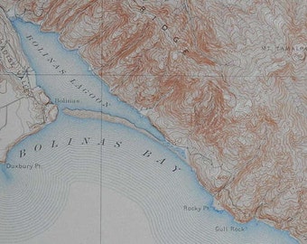 1908 Antique Map: Bolinas Bay & Lagoon, Paradise Valley, Mt. Tamalpais California, CA  Original Lithograph. Over 100 years Old.