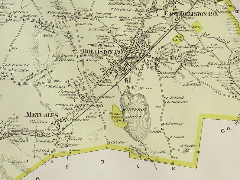 1875 Holliston Massachusetts Town Map Winthrop Pond Metcalf Etsy