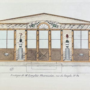 May include: An architectural illustration of a building facade with a triangular roof. The facade features multiple windows, decorative panels, and classical urns. The artwork is in a vintage style, with detailed linework and muted colors.
