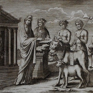 May include: An antique engraving depicts a classical scene with figures in draped garments. A woman offers a plate to others, with a bull and a small dog in the foreground. A man holds an axe, and a temple is in the background.