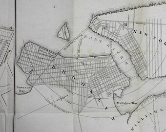 1849 Map New York City, Manhattan, Brooklyn, Atlantic Basin, Williamsburg, East River, Wallabout Bay, Gowanus Bay. Antique Engraved Map