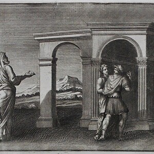 May include: A detailed black and white etching depicts a biblical scene. A robed figure gestures towards two men standing near a classical archway. A mountain range is visible in the background, and the sky is filled with lines.