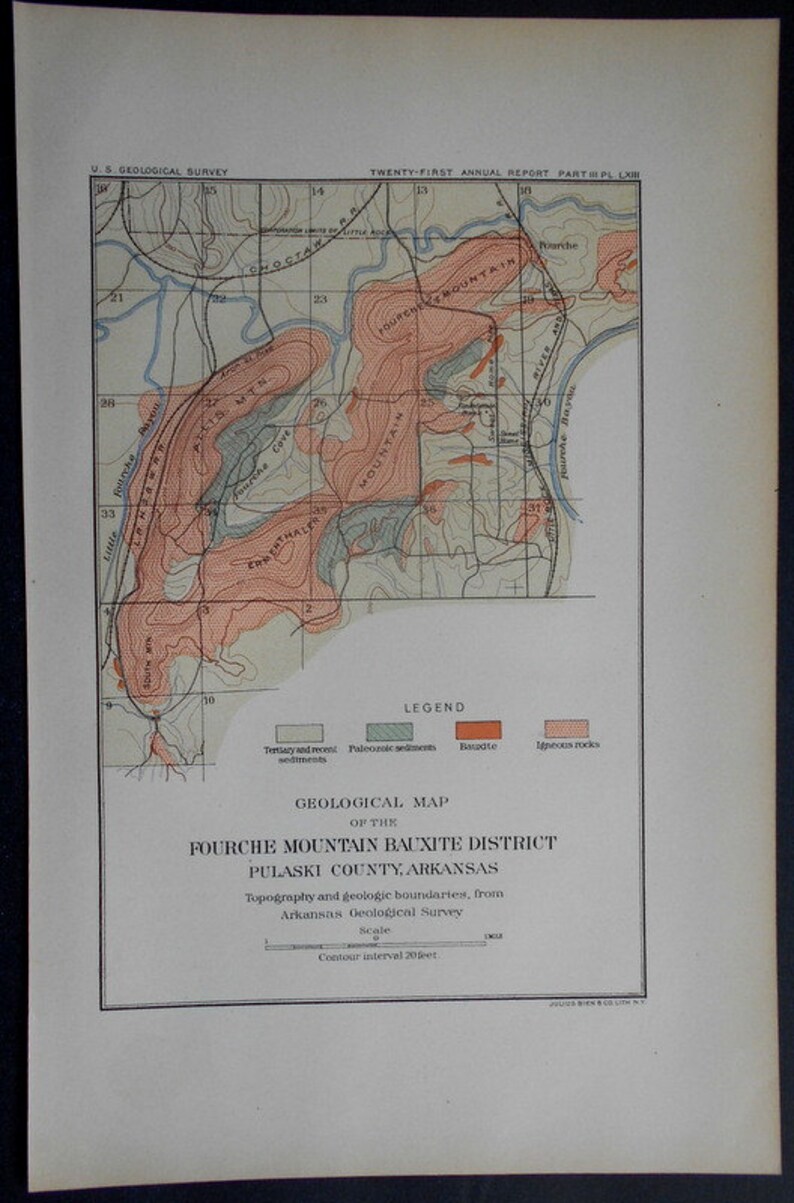 1901 Fourche Mountain Arkansas Map. Pulaski County. Bauxite Etsy