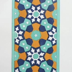 May include: A rectangular pattern with a repeating geometric design. The design features shapes in teal, navy blue, and orange, with white floral accents. The border is teal. The image is a print.