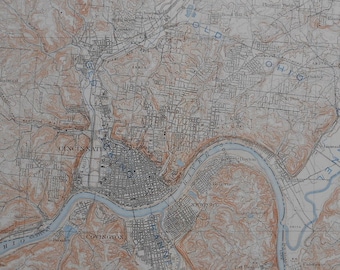 1908 Karte: Ohio River, Ohio River, Covington, Cheviot, Mount Washington, Westwood, Hyde Park. Original Antike Lithographie. Topographisch