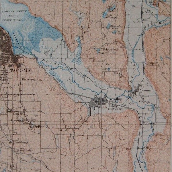 1908 Tacoma Washington Antique Map: Puyallup & Stuck Rivers, Puget Sound, Sumner, Alderton, WA. Original Lithograph. Over 100 years Old.