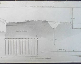 c. 1820 Hutcheson Bridge at Adelphi St. Glasgow, Scotland.  Antique Engraving, Engineering. Original Antique Print. 200 years old.