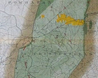 May include: Antique map with green, yellow, and brown hues. The map depicts a geographical area with labeled counties and a river. The map has a detailed, aged appearance, with visible lines and text. The map is a historical document.