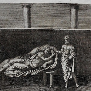 May include: A black and white etching depicts a classical scene. A man reclines on a bed, while another stands beside him. The setting includes pillars and a simple architectural backdrop, suggesting an ancient or historical theme.