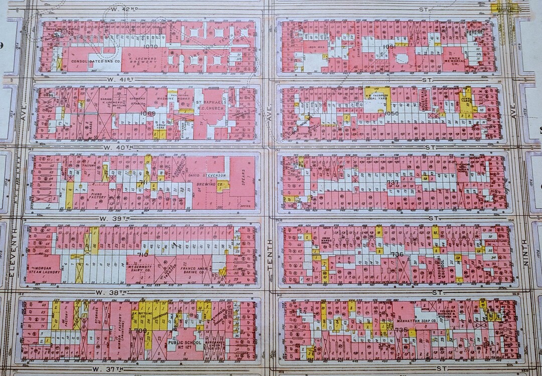1916 Hell's Kitchen Midtown Manhattan NYC Street Map. New York City ...