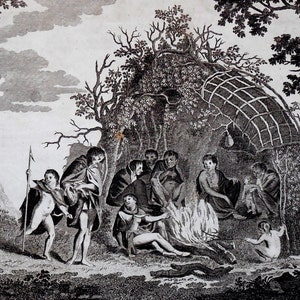 May include: A black and white etching depicts a group of people gathered around a fire in a wooded area. Some figures are draped in cloth, while others are partially nude. A structure resembling a shelter is visible in the background.