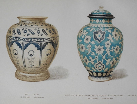 1892 Lithograph of Delhi Vase & Multan/Mooltan Glazed Earthenware, Vase, Cover. Antique Original India print. Large Folio by William Griggs