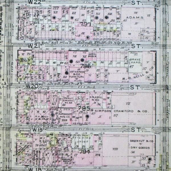 1912 Chelsea & Flatiron Districts Manhattan, 17th to 23rd St between 7th Ave and 6th Avenue. Original Antique Map New York City NYC