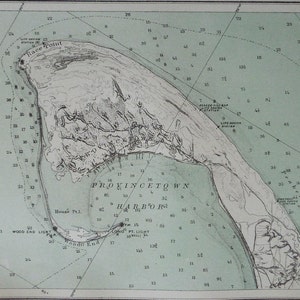 May include: A vintage nautical chart of Provincetown Harbor, Massachusetts, with depth soundings and geographical features. The chart features the coastline, labeled points, and the text "Provincetown Harbor".