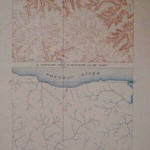 May include: Vintage geological map with two sections. The top section shows contour lines in brown, while the bottom section depicts drainage patterns in blue, with the Potomac River labeled. The map includes text indicating it's part of the Montross, VA-MD sheet.