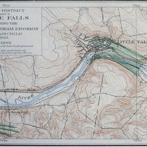 May include: A vintage map of Little Falls, showing glacial stream erosion, created by H.L. Fairchild in 1903. The map features contour lines, a river, and text labels, with a legend indicating erosion patterns. The map is in shades of brown, blue, and green.