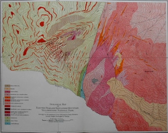 May include: A geological map of Electric Peak and Sepulchre Mountain in Yellowstone National Park. The map features contour lines and various colors representing different rock formations. The text "GEOLOGICAL MAP" is visible.
