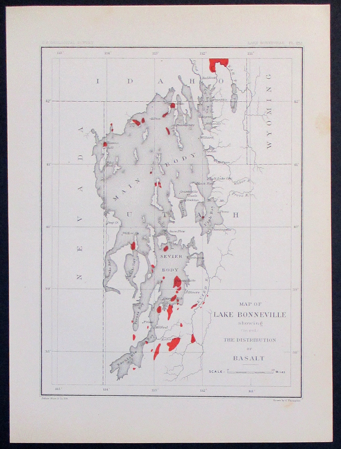 1890 Lake Bonneville Map, Sevier & Escalante Bay Shows Basalt