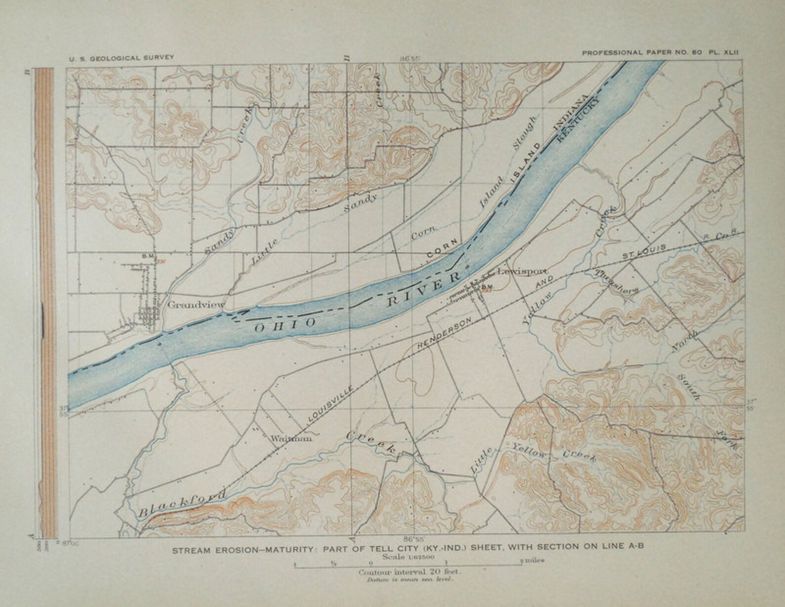1908 Antique Map Ohio River at Grandview, Lewisport Area, Border of