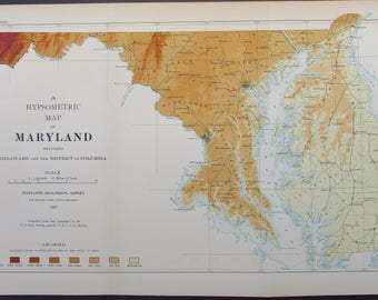 1897 Maryland (MD) Antique Hypsometric Map showing Elevation, including Delaware & Washington, DC. Original Lithograph.