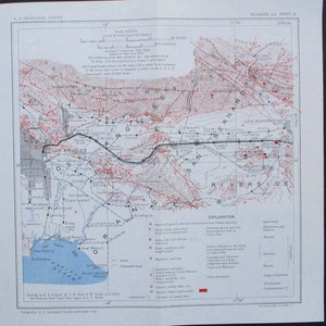 May include: A vintage U.S. Geological Survey map of the Los Angeles and Riverside areas, featuring contour lines, place names, and geological information. The map includes a scale of 1 inch to 8 miles and a contour interval of 200 feet.