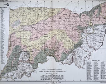 1905 Ohio & Indiana Geological Map OH IN. Antique Original Lithograph showing Relative Drift. Vintage USGS map
