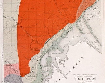 1901 Duluth St Louis Bay on Lake Superior Minnesota-Fond du Lac,Smithville, Oncoto, Spirit Lake- Antique Geological Map, Railroads