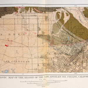 May include: A vintage geologic map of the Los Angeles oil fields in California, featuring detailed cartography. The map includes the text "U.S. Geological Survey" and "Los Angeles" with areas labeled "La Brea" and "Rincon de los Bueyes". The map is in shades of brown, green, and tan.